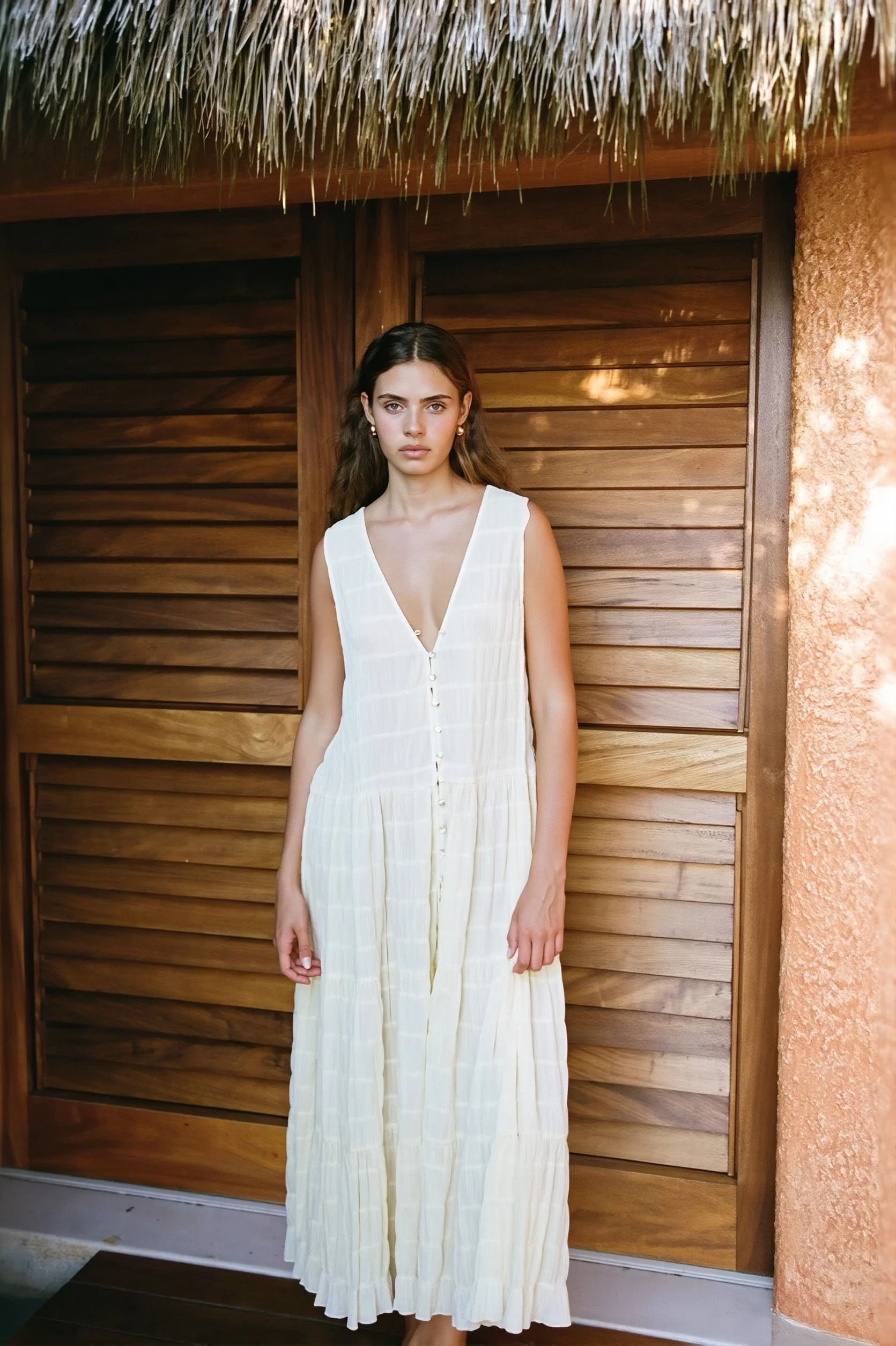 Sexy Solid Chiffon V Neck Button Swing Maxi Dress - Image 4