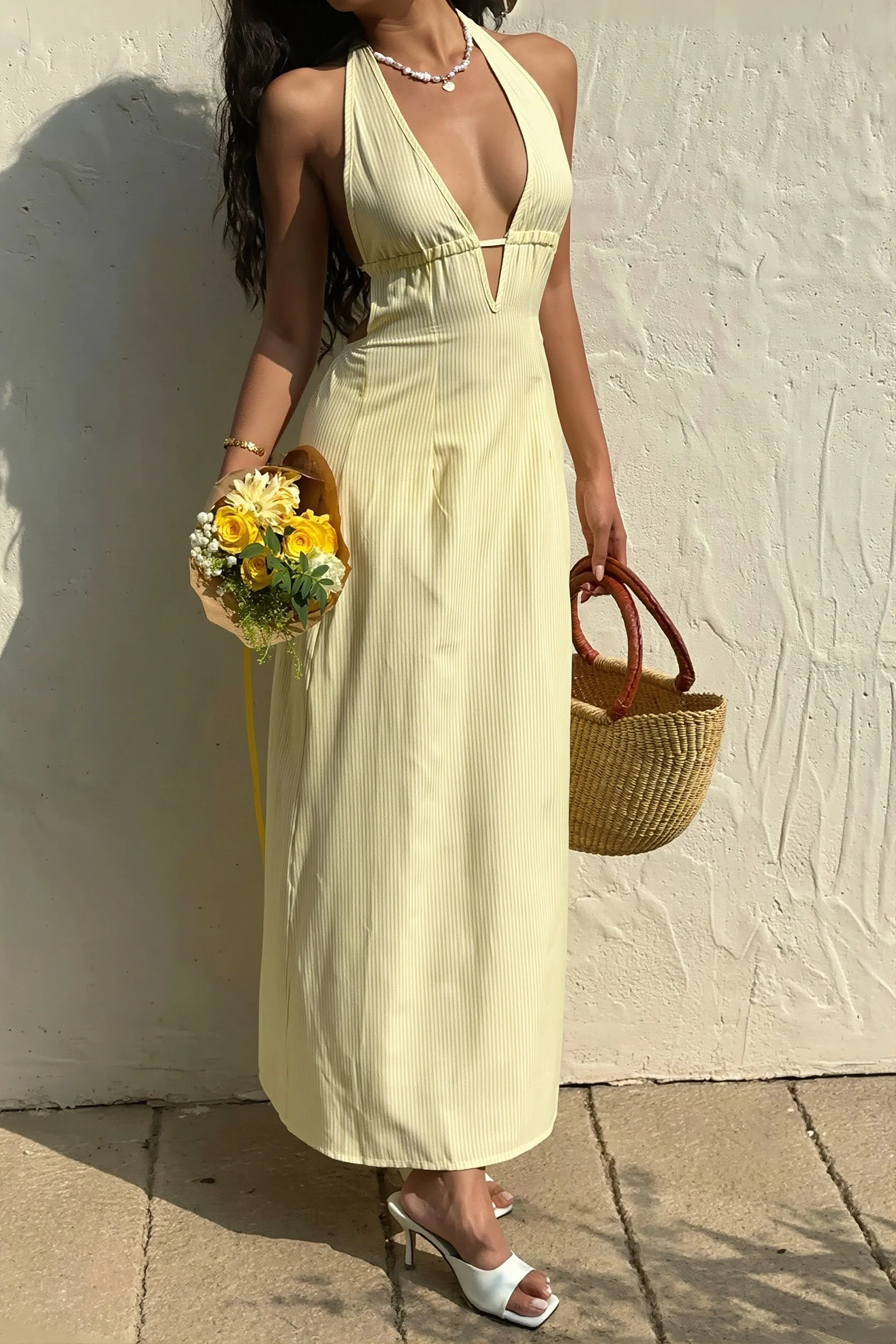 Sexy Stripe Halter Backless Lace Up Maxi Dress - Image 5