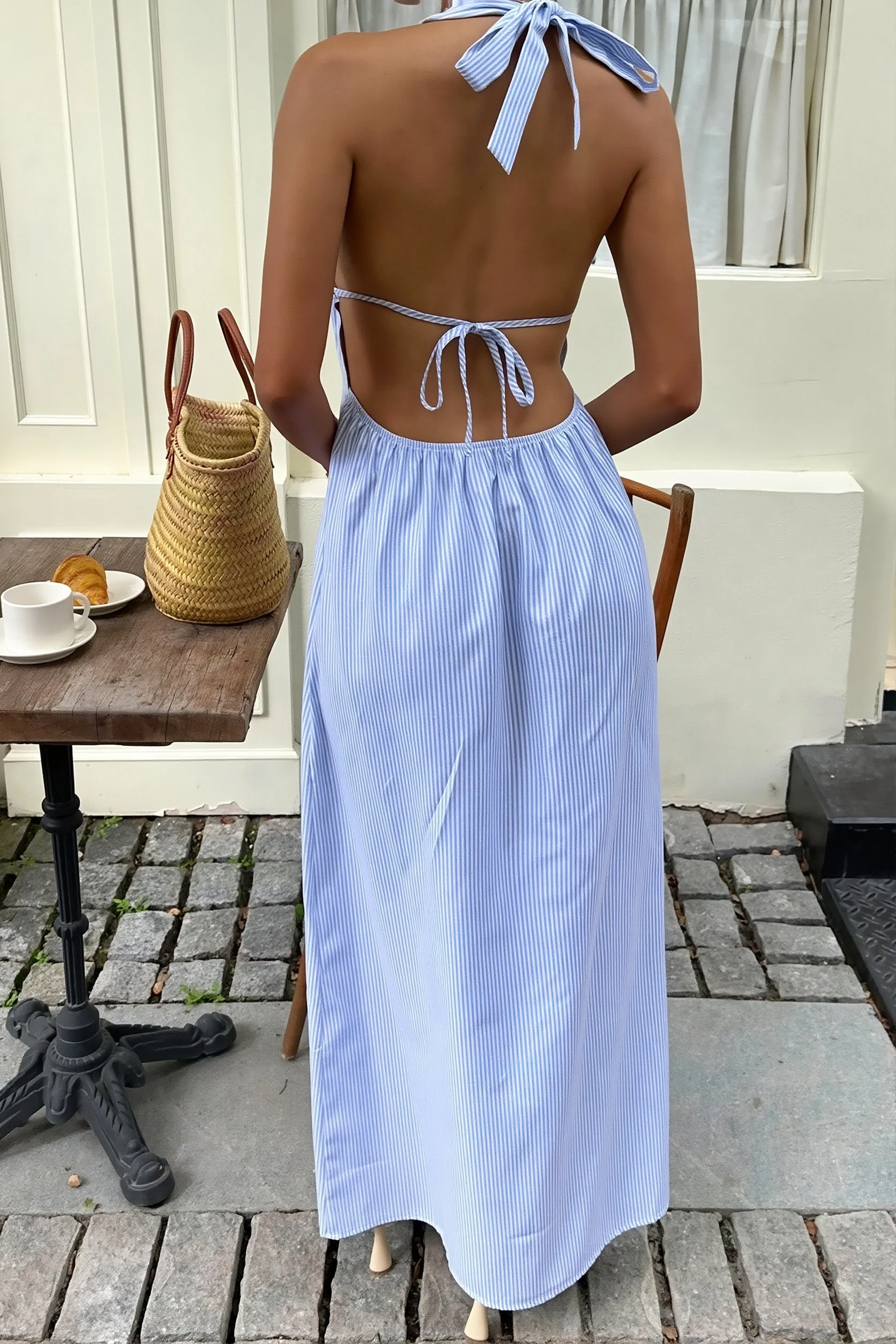 Sexy Stripe Halter Backless Lace Up Maxi Dress - Image 8