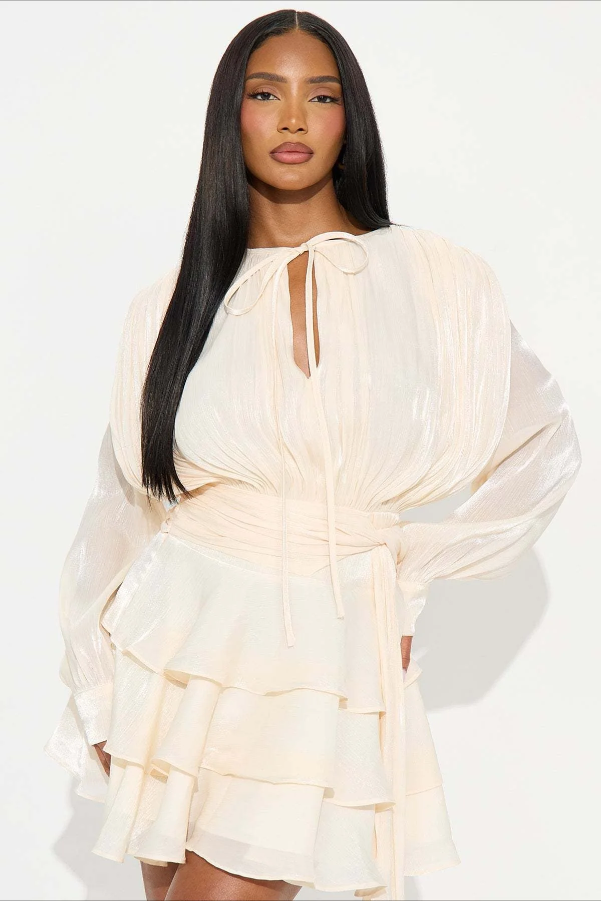 Sheen Flowy Tie Ruched Tiered Mini Dress - Image 6