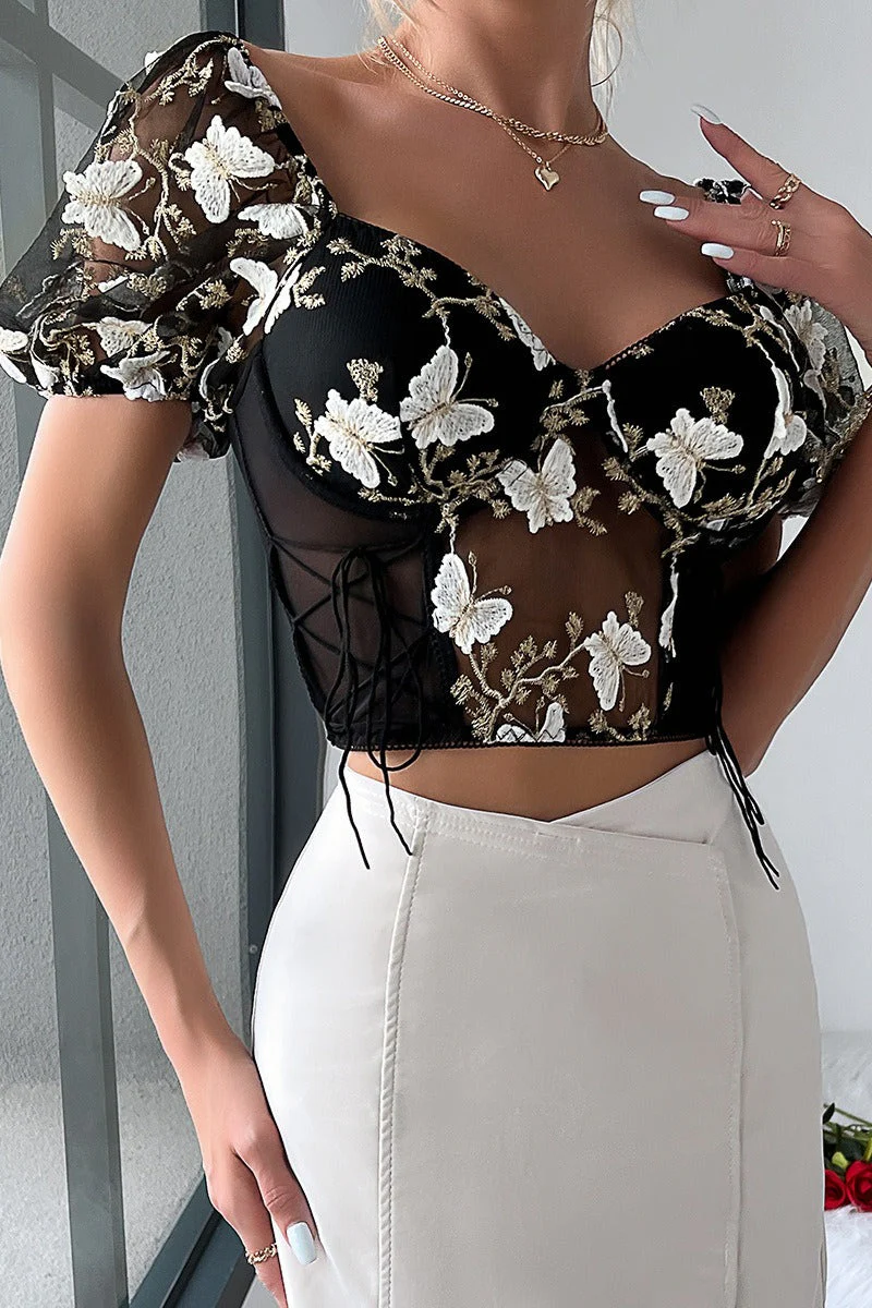 Sheer Butterfly Embroidery Mesh Panel Backless Cami Blouse - Image 2