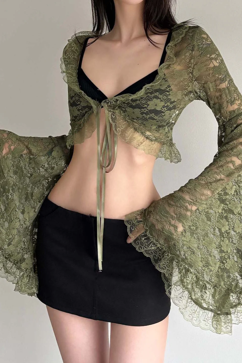 Sheer V Neck Lace Flare Sleeve Blouse - Image 2