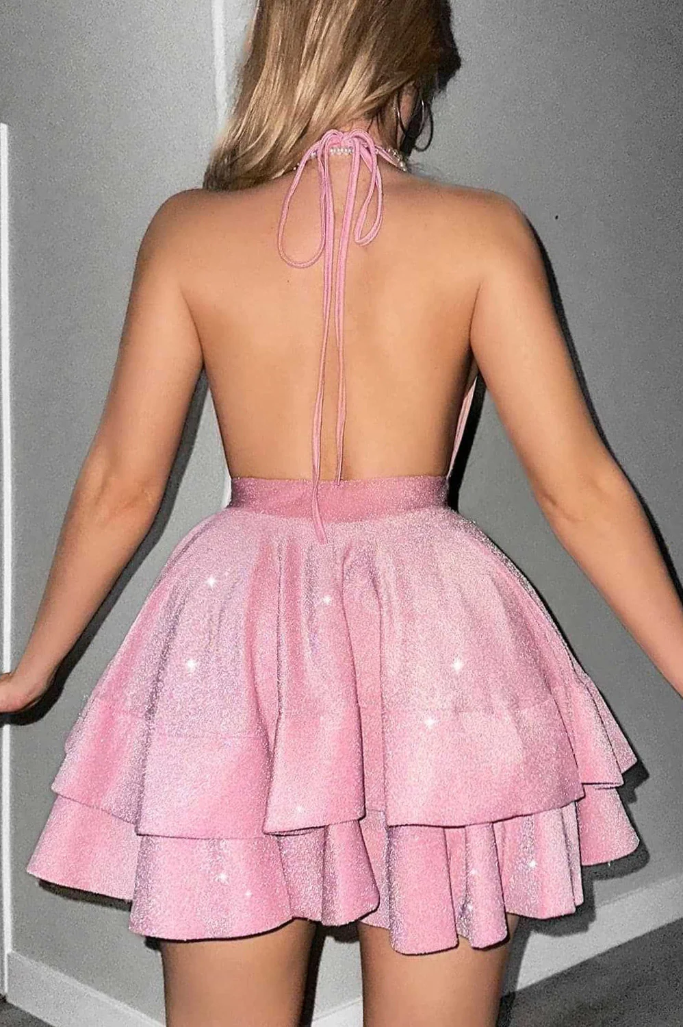 Shiny Deep V Ruffle Flared Mini Dress - Image 3