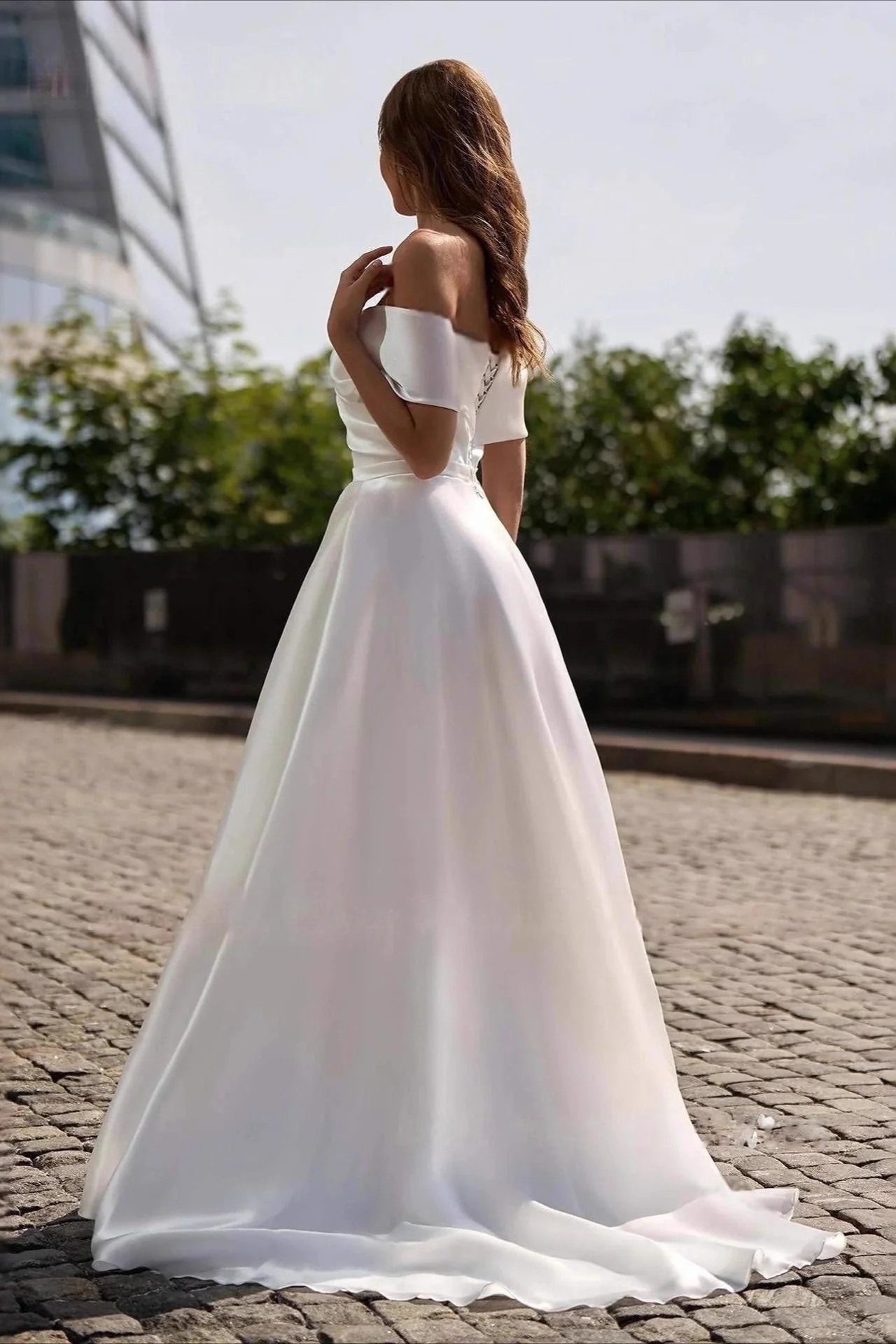 Simple Satin Cross Off Shoulder Train Wedding Dress - Image 2