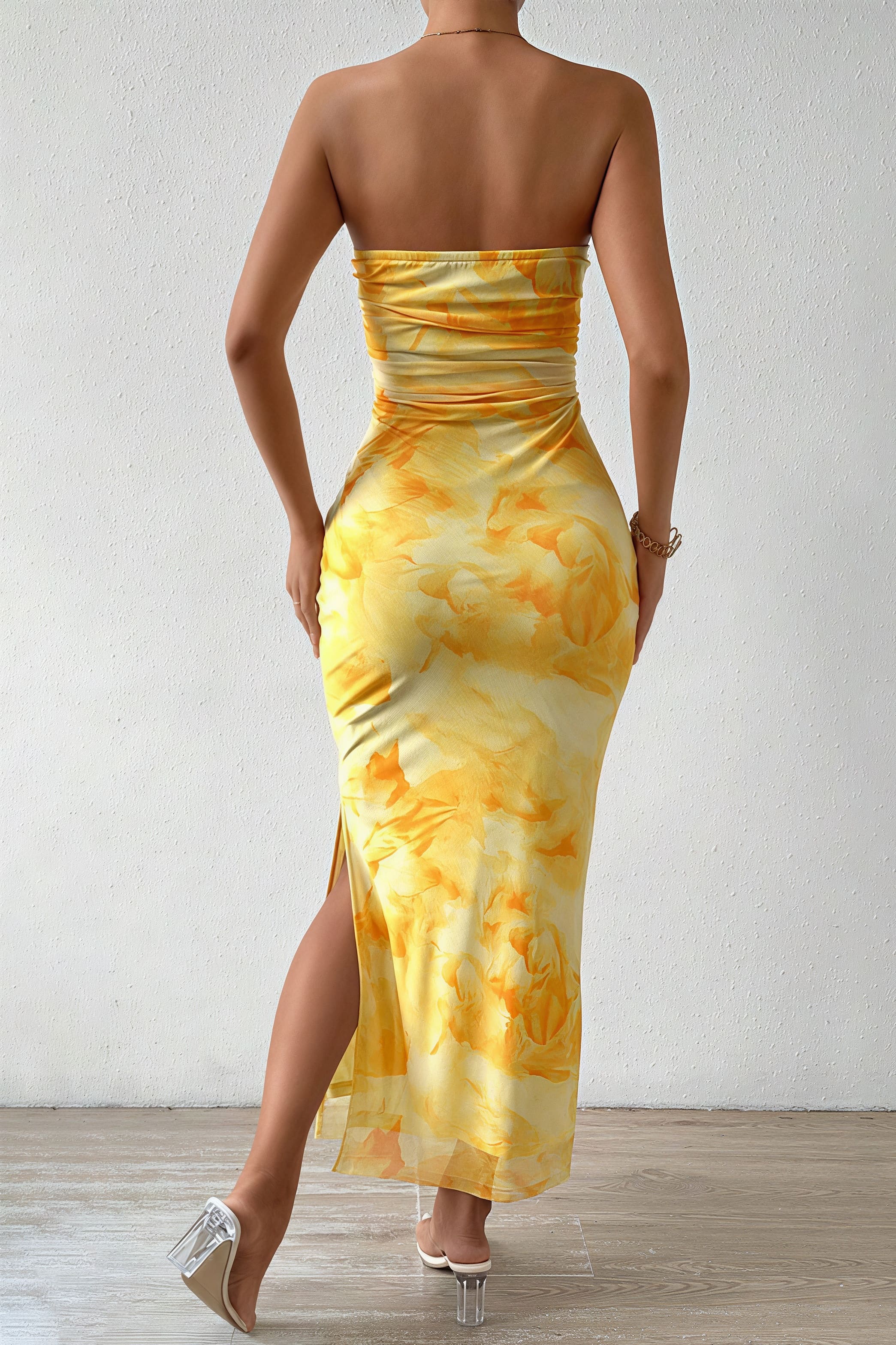 Slim Mesh Print Slit Maxi Dress - Image 4