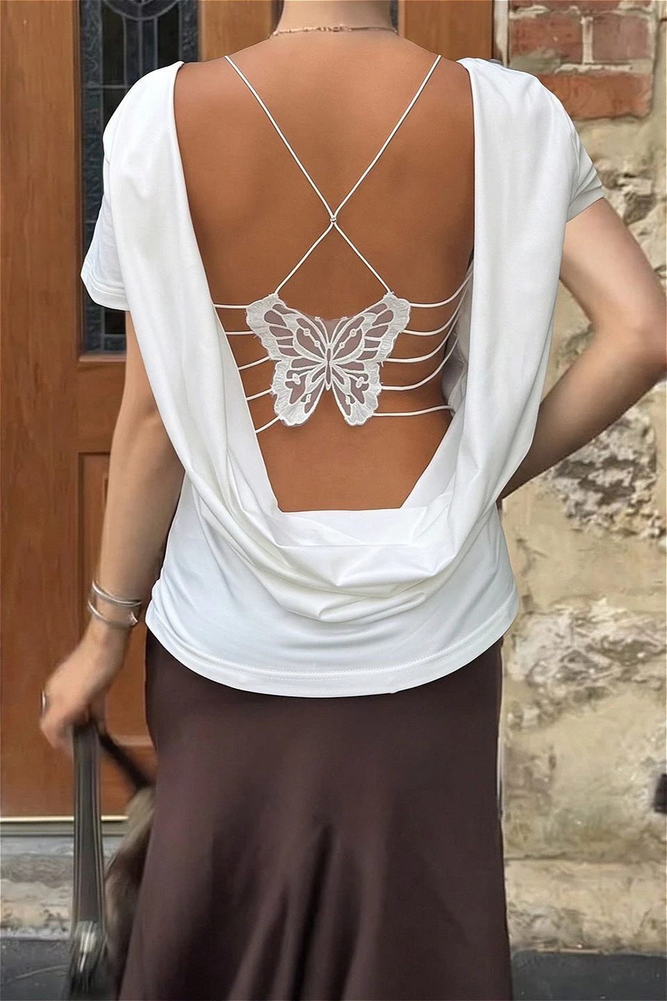 Solid Color Bow Tie Backless T‑shirt - Image 3
