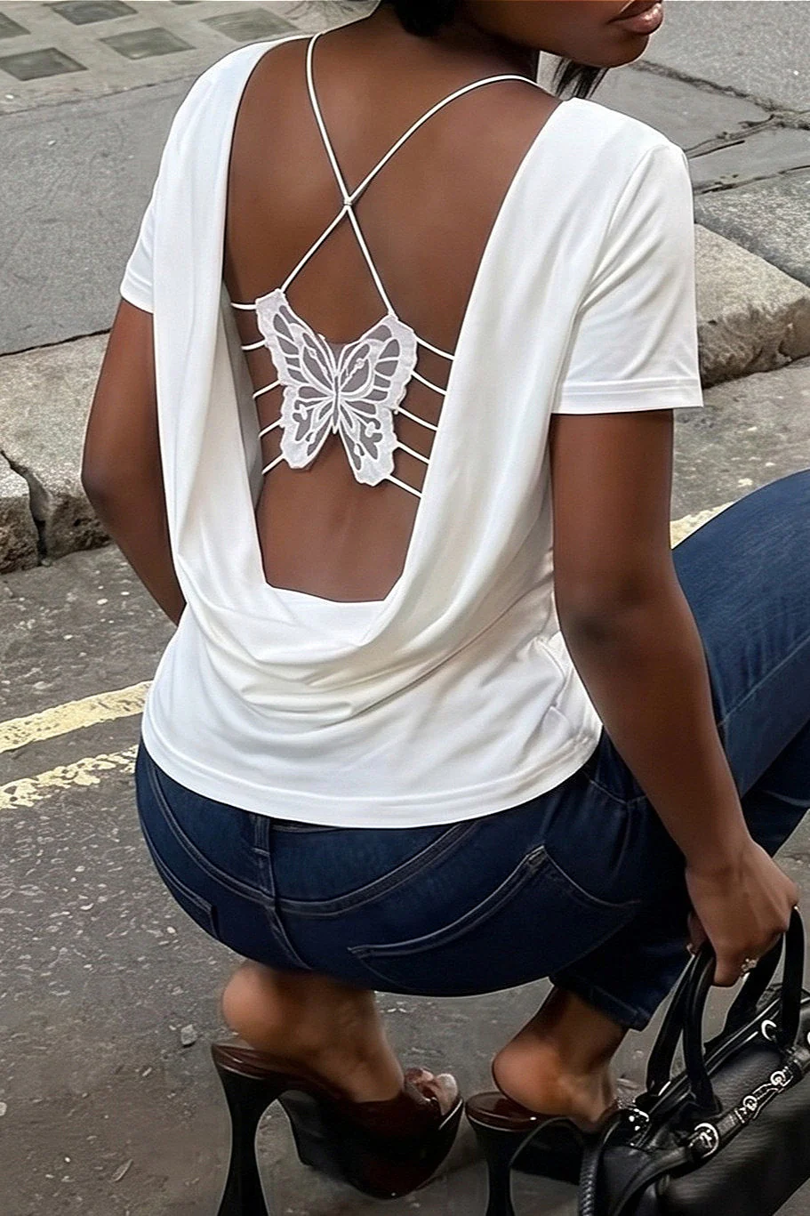 Solid Color Bow Tie Backless T‑shirt - Image 4