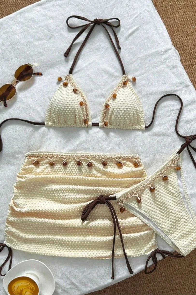 Solid Color Pendant Three Piece Swim Set - Image 3