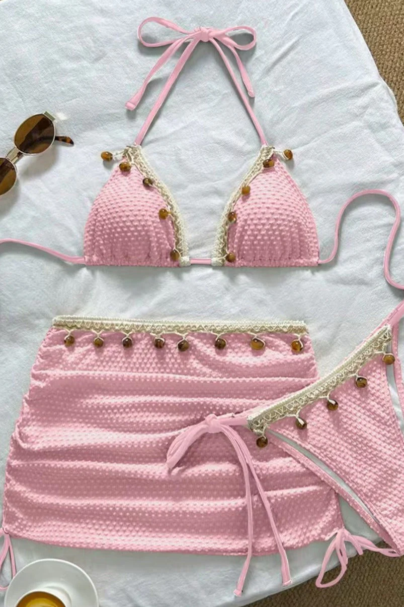 Solid Color Pendant Three Piece Swim Set - Image 7