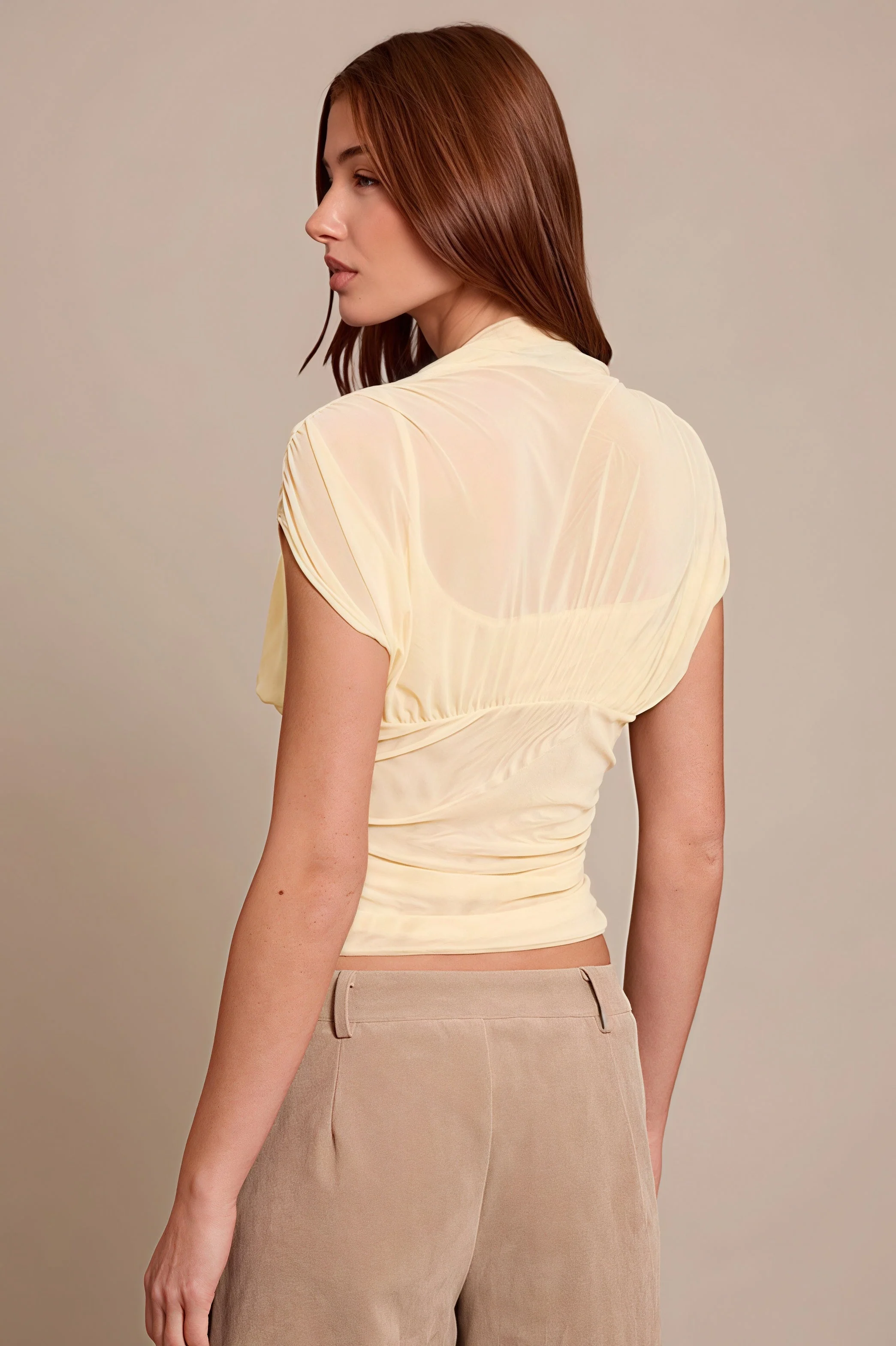 Solid Color Round Neck Mesh Sleeveless Blouse - Image 3