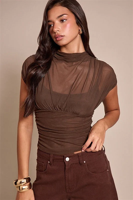 Solid Color Round Neck Mesh Sleeveless Blouse - Image 4