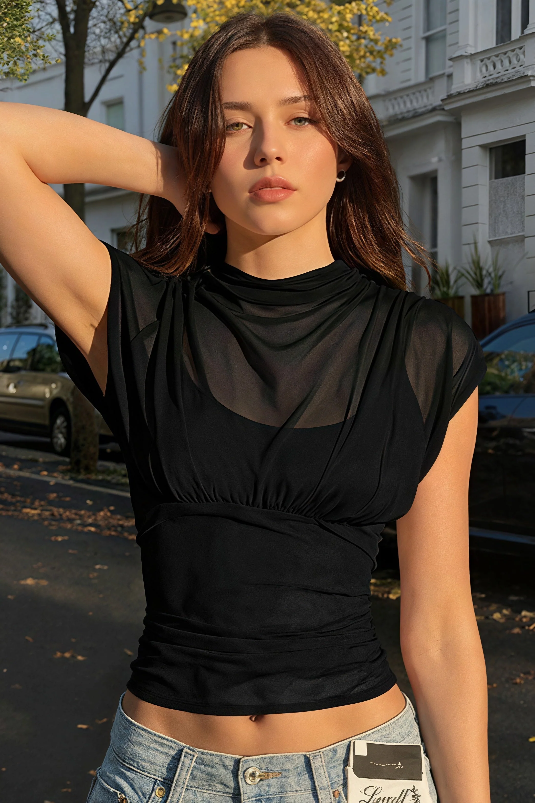 Solid Color Round Neck Mesh Sleeveless Blouse - Image 7