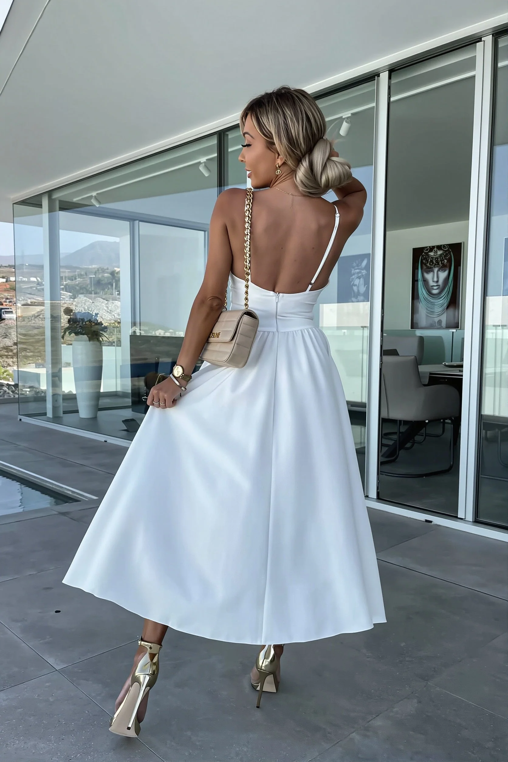 Solid Deep V Cut Out Cami Swing Slit Maxi Dress - Image 5