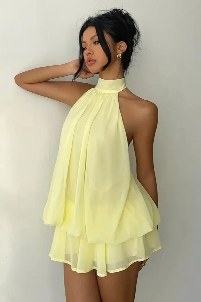 Solid Halter Cutout Back Tie Waist Cinch Mini Dress - Image 2