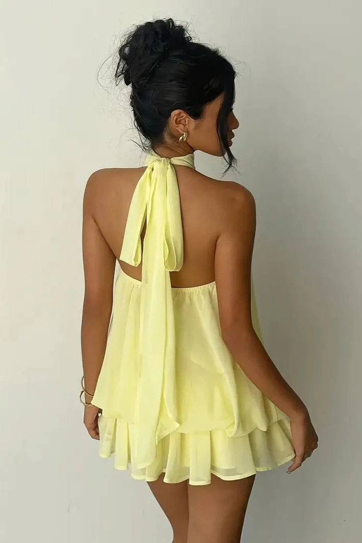 Solid Halter Cutout Back Tie Waist Cinch Mini Dress - Image 4