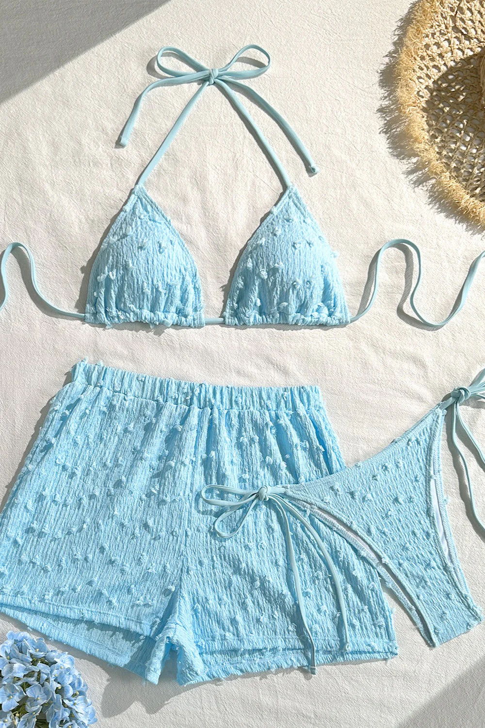 Solid Halter Lace Up Three Piece Swim Set - Image 4