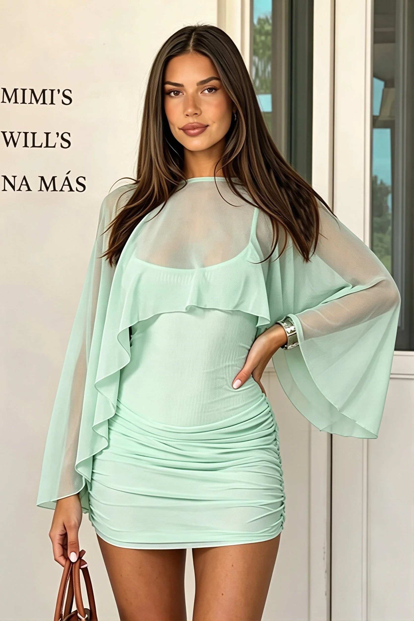 Solid Mesh Shrug Cami Mini Dress - Image 2