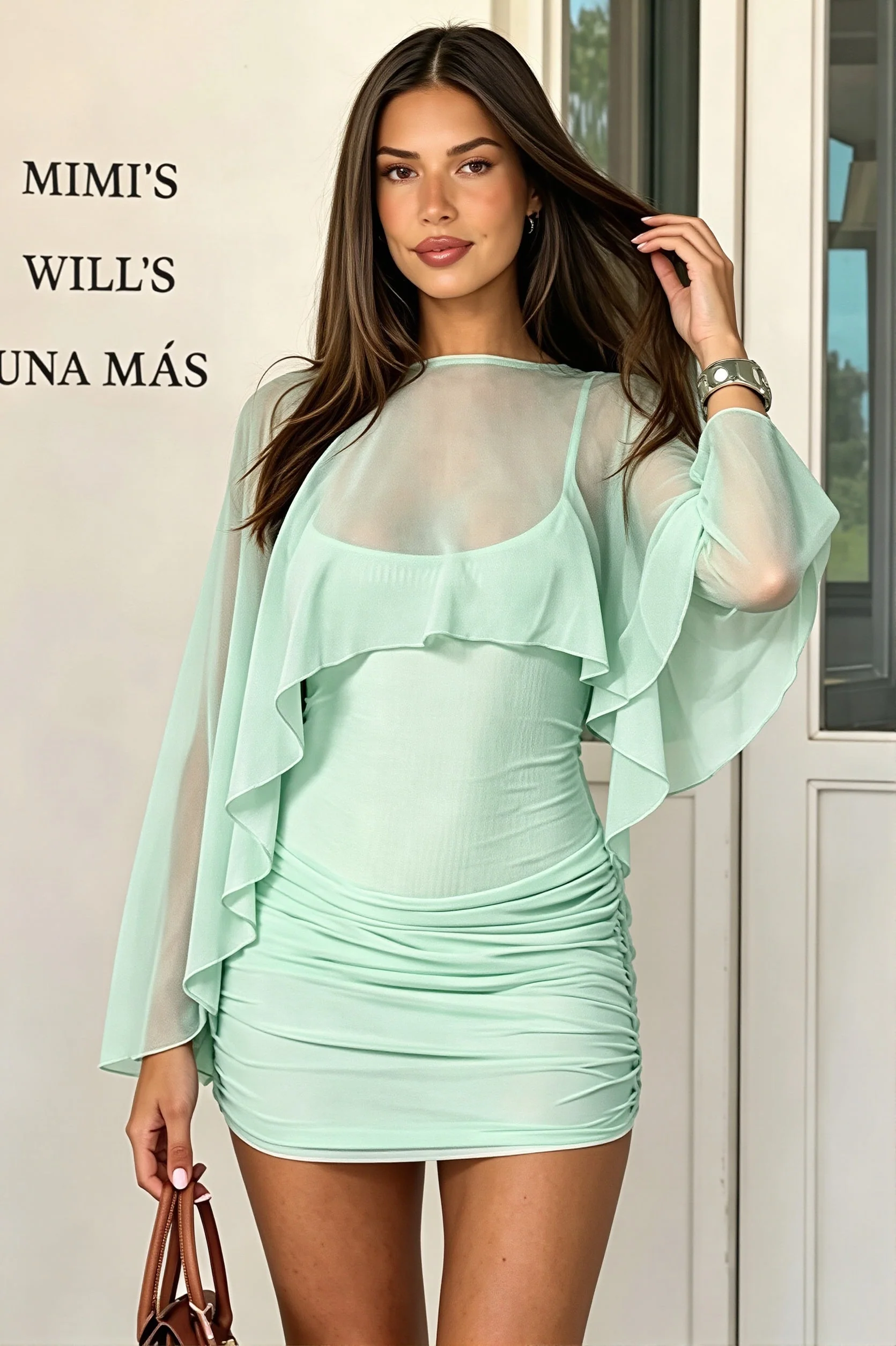 Solid Mesh Shrug Cami Mini Dress - Image 3