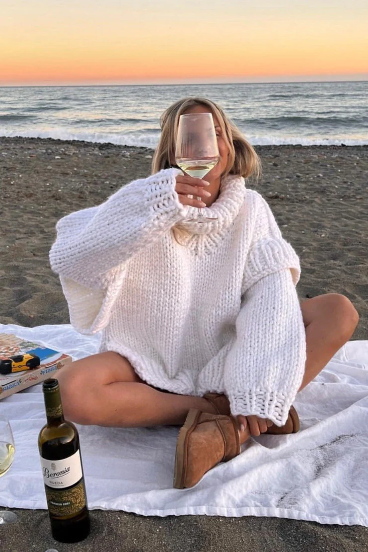Solid Patchwork Chunky Fluffy Turtleneck Sweater - Image 12
