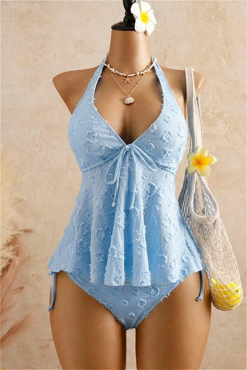 Solid Ruffle Halter Two Piece Swim Set - Image 6