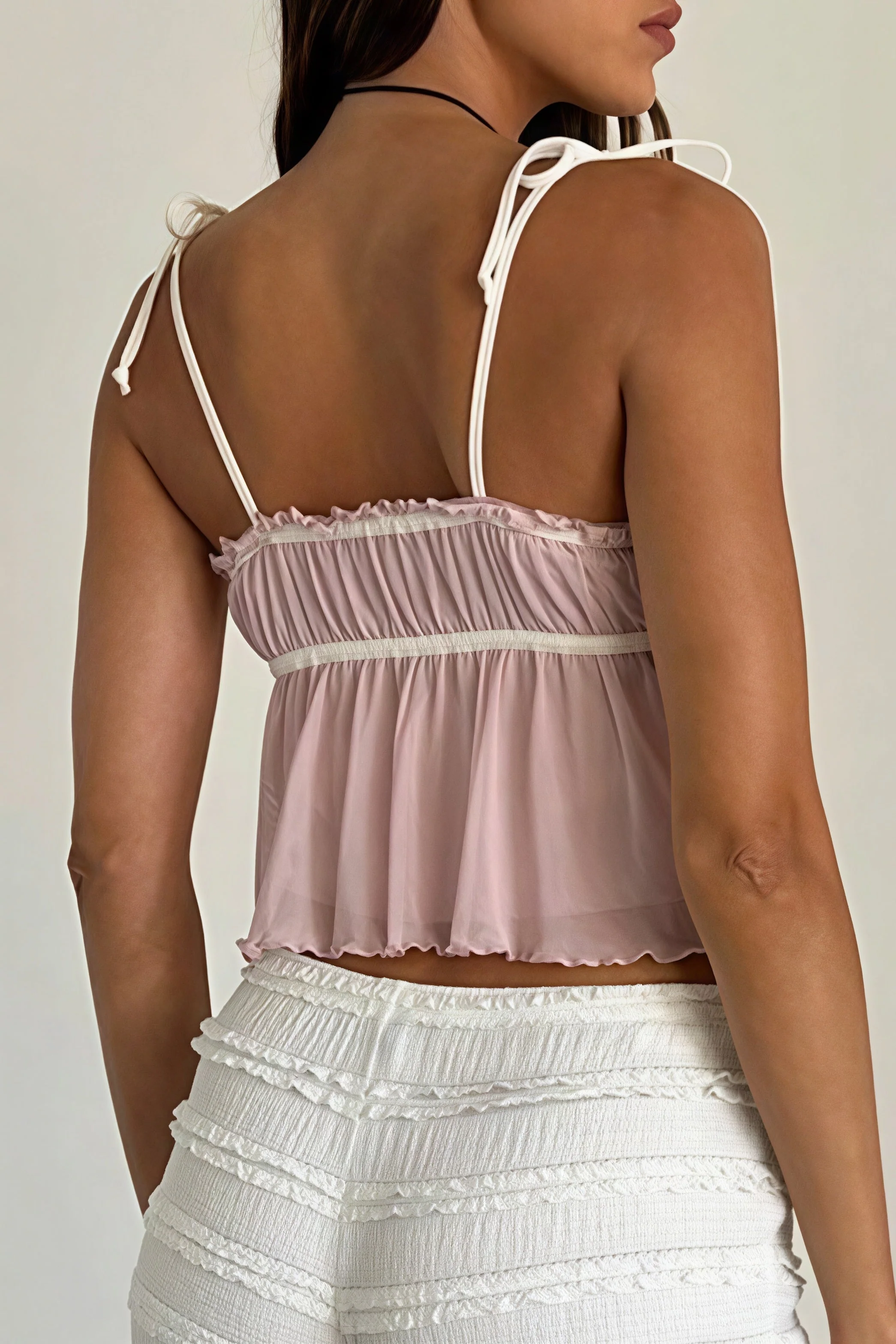 Solid Ruffle Hem Tie Bow Cami Top - Image 4