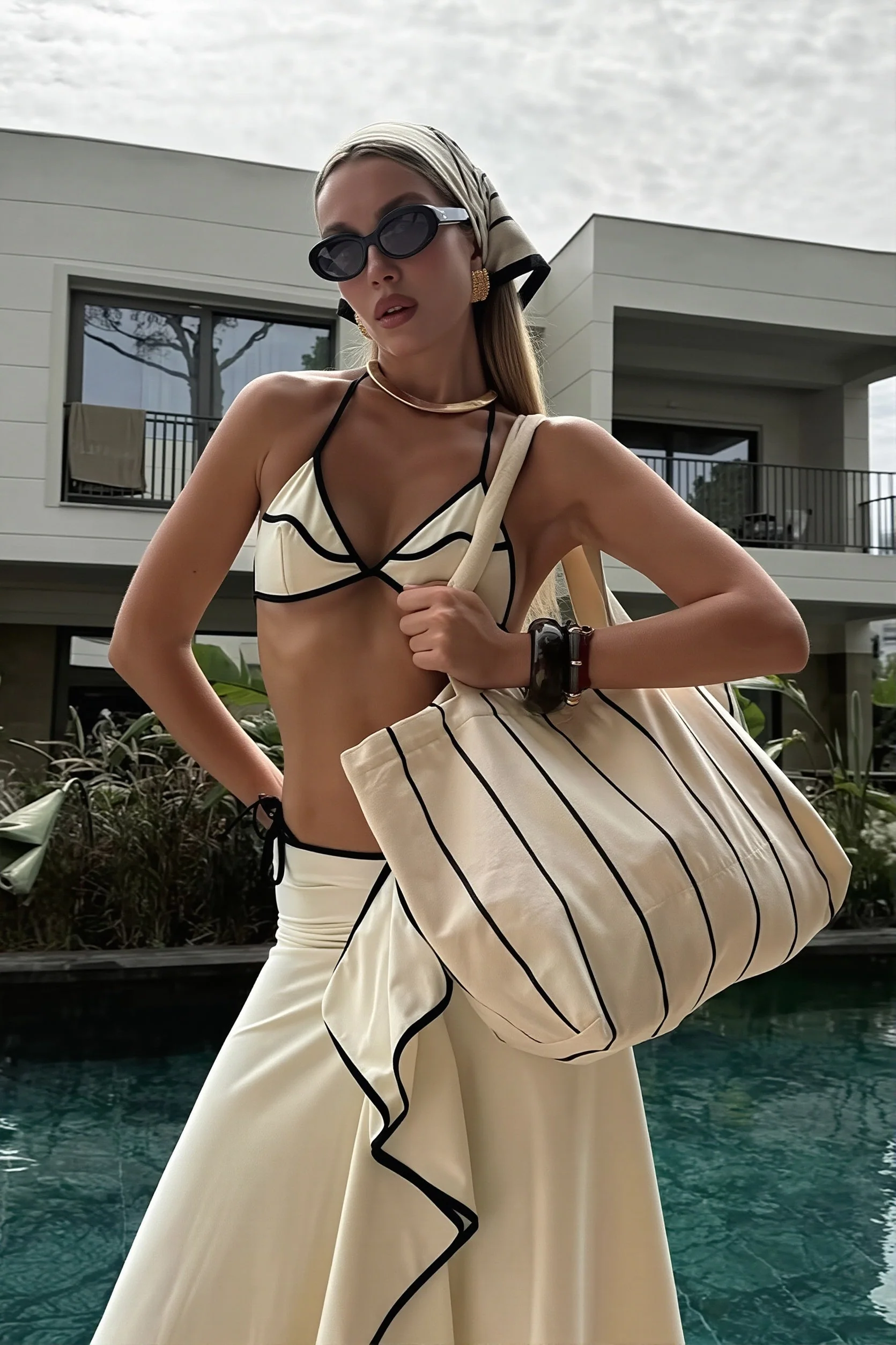 Solid Two Piece Bikini With Long Skirt Three Piece Swim Sets - Image 2