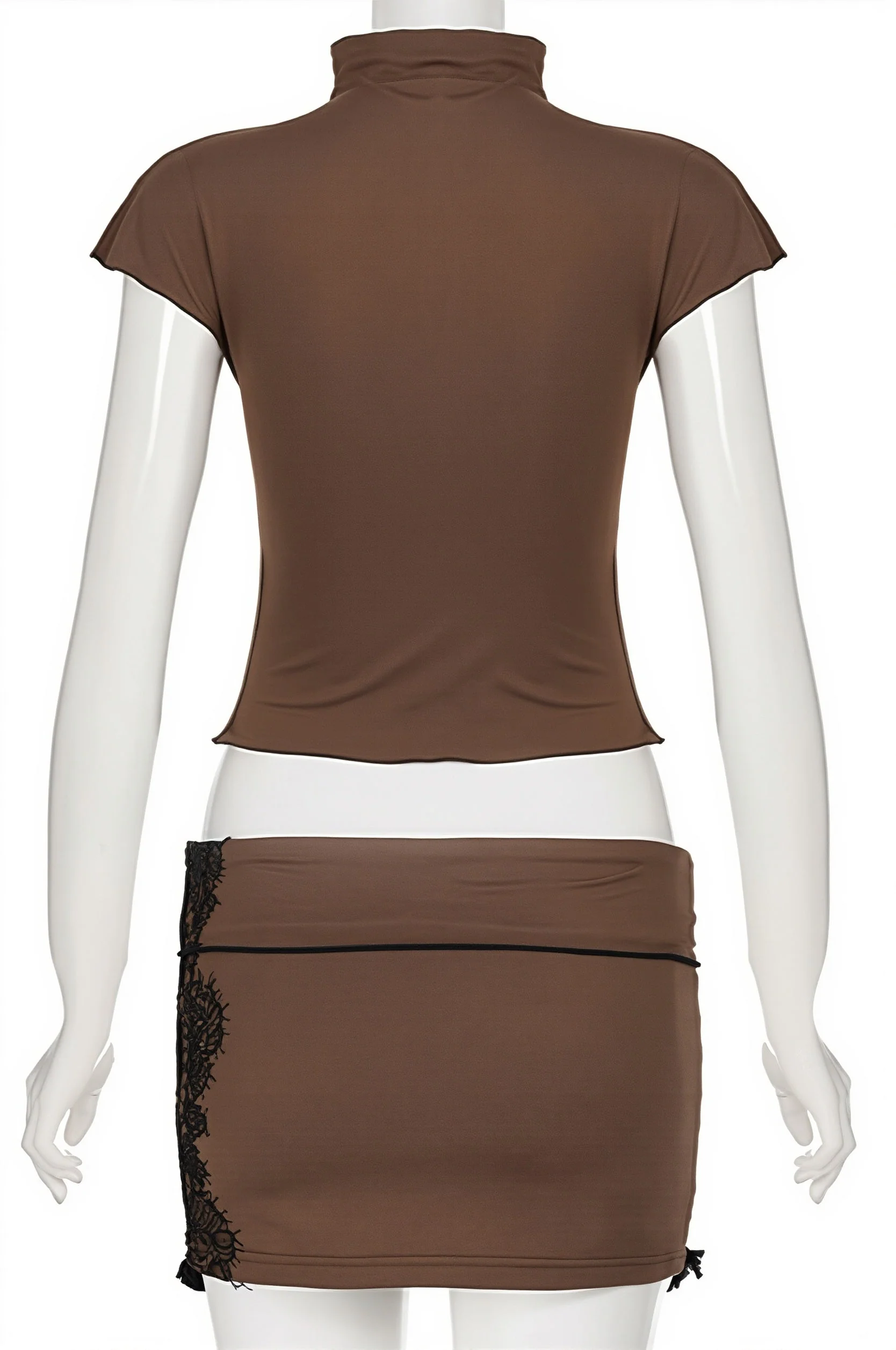 Stand Collar Hollow Lace Patch Skirt Set - Image 5