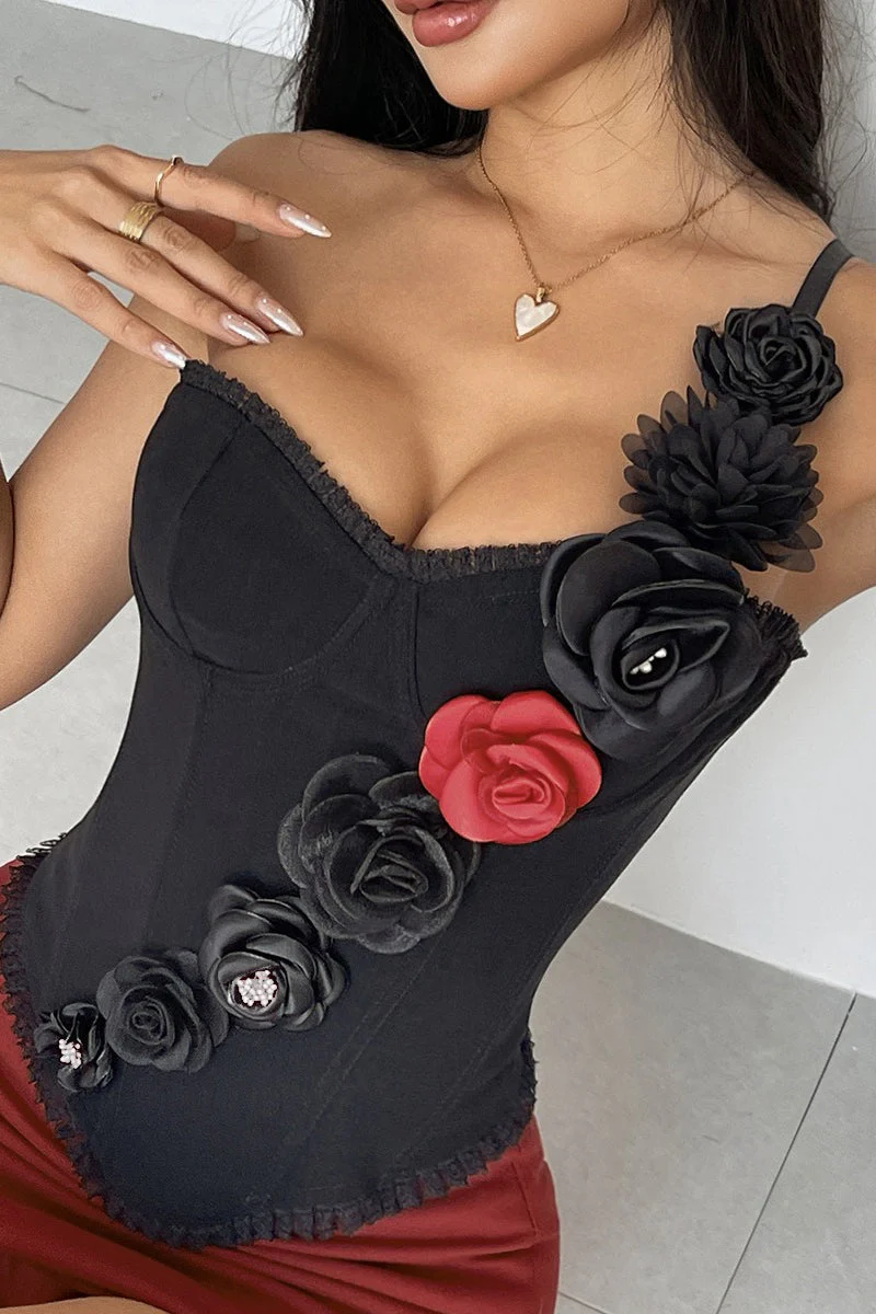 Strapless Red Lace Floral Boned Cami Top - Image 3