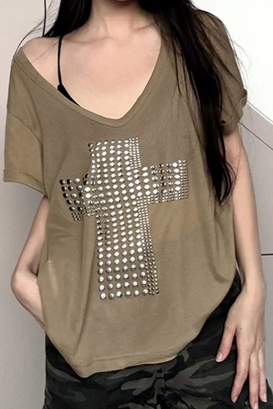 Street Cross Metallic Print Loose Casual T-shirt - Image 2