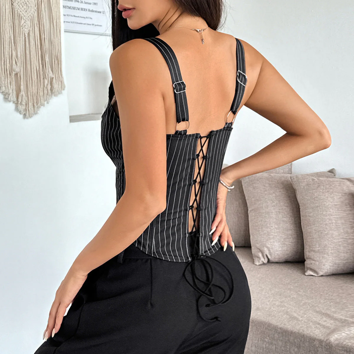 Striped Color Block Ruffle Trim Boned Cami Top - Image 7