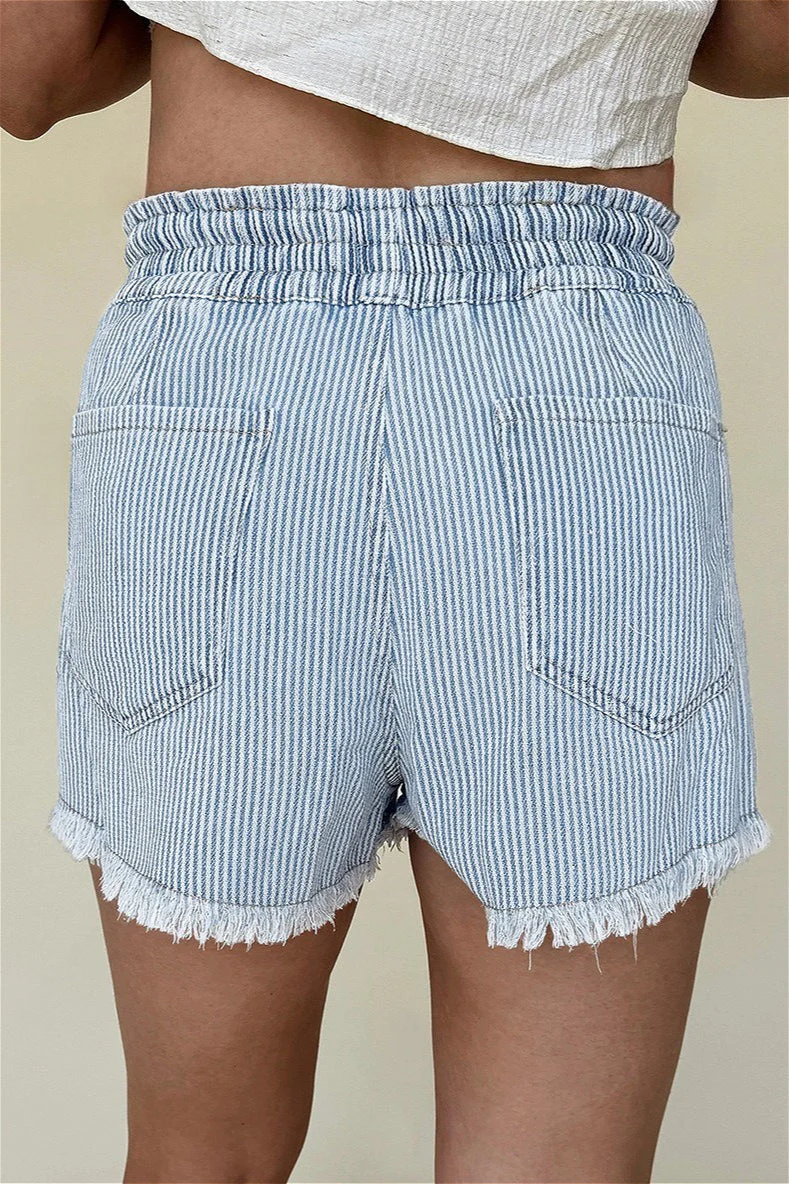 Striped Raw Hem Denim Shorts - Image 3