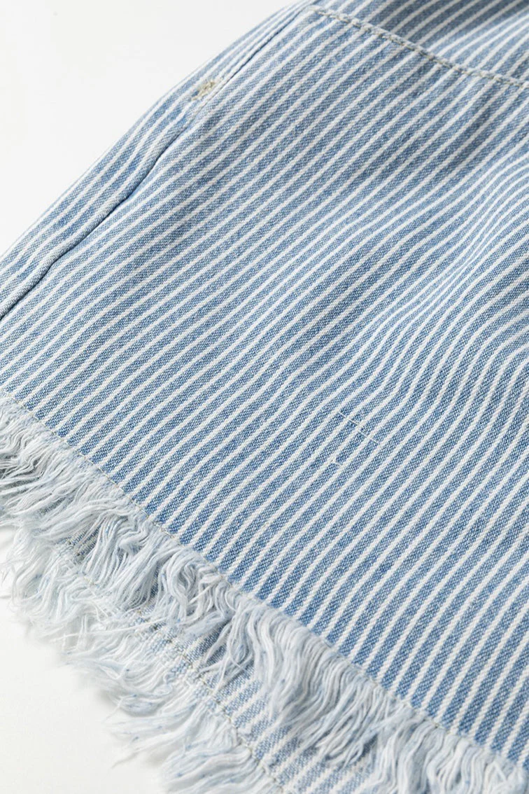 Striped Raw Hem Denim Shorts - Image 4