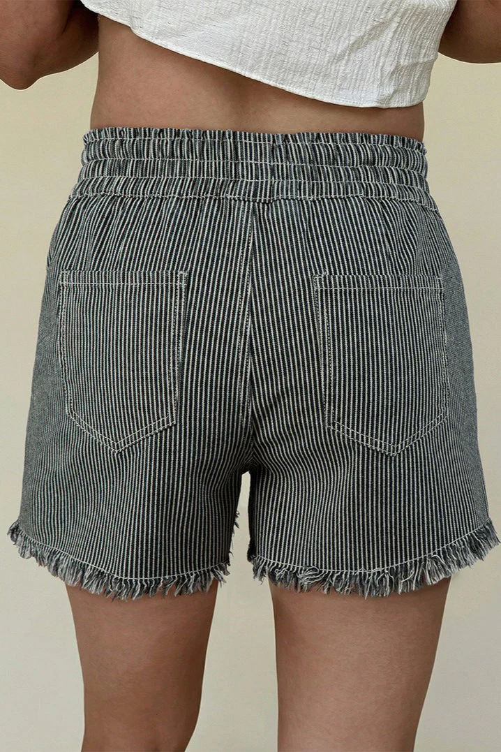 Striped Raw Hem Denim Shorts - Image 6