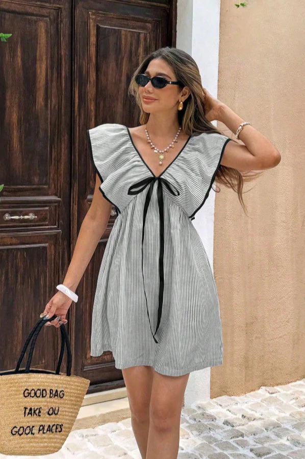 Striped V Neck Ruffle Flutter Sleeve Mini Dress - Image 16
