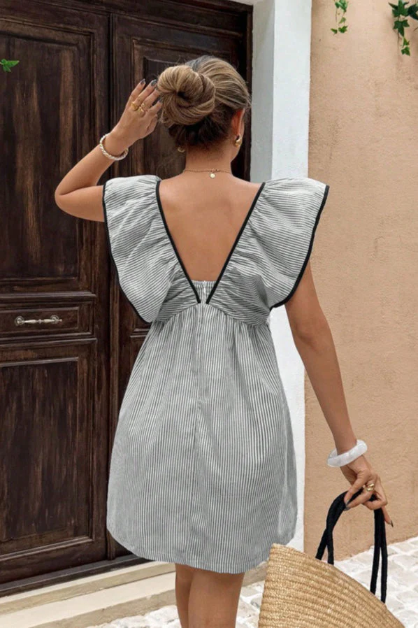 Striped V Neck Ruffle Flutter Sleeve Mini Dress - Image 18
