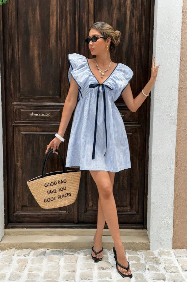 Striped V Neck Ruffle Flutter Sleeve Mini Dress - Image 6