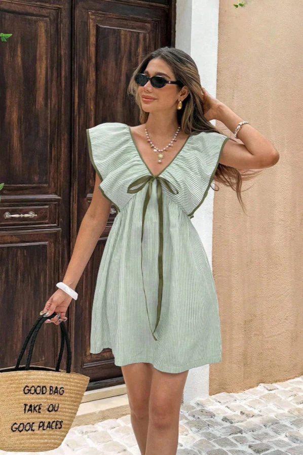 Striped V Neck Ruffle Flutter Sleeve Mini Dress - Image 7