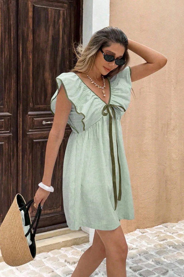 Striped V Neck Ruffle Flutter Sleeve Mini Dress - Image 8