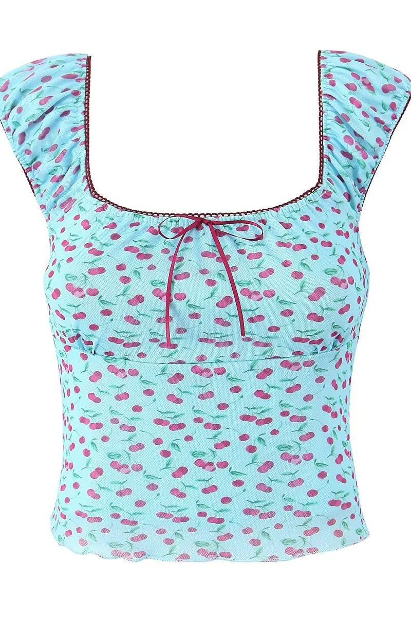 Sweet Bow Cherry Puff Sleeve Blouse - Image 5