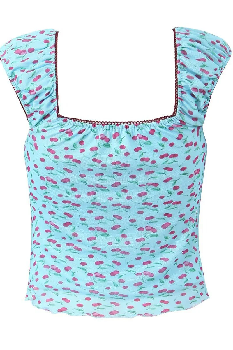 Sweet Bow Cherry Puff Sleeve Blouse - Image 6