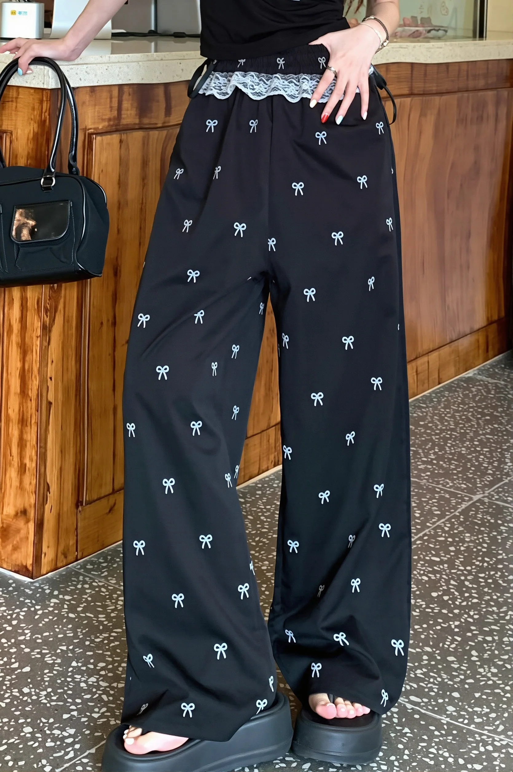 Sweet Lace Trim Splice Bow Casual Pants - Image 5