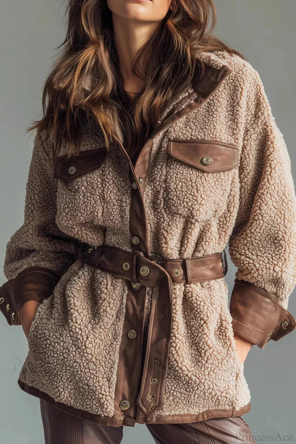 Thick Fleece PU Panel Pocket Belted Retro Coat