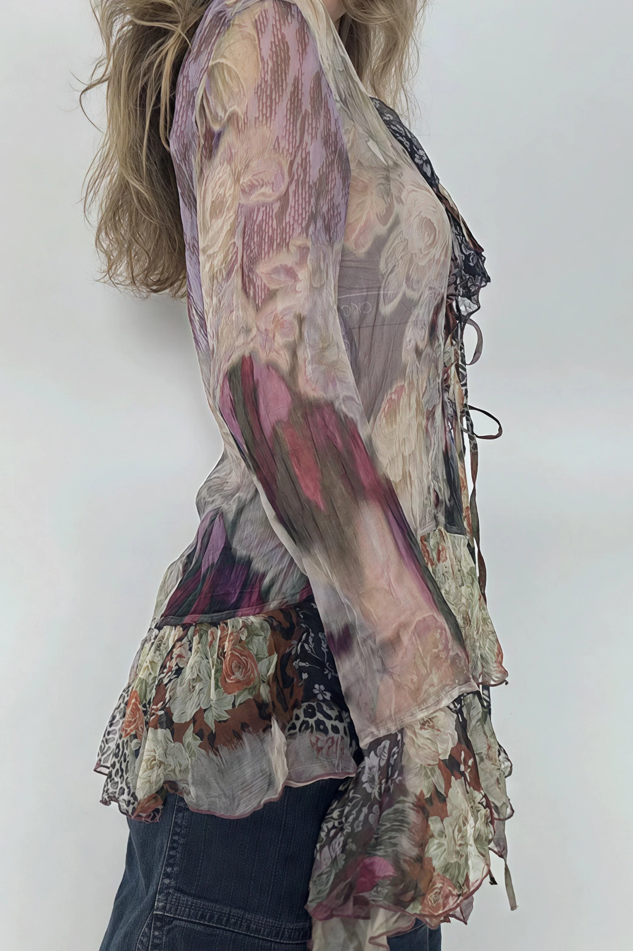 Tie Dye Mesh Ruffle Flare Sleeve Blouse - Image 3