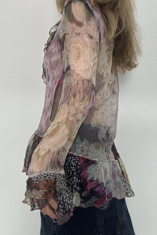 Tie Dye Mesh Ruffle Flare Sleeve Blouse - Image 4