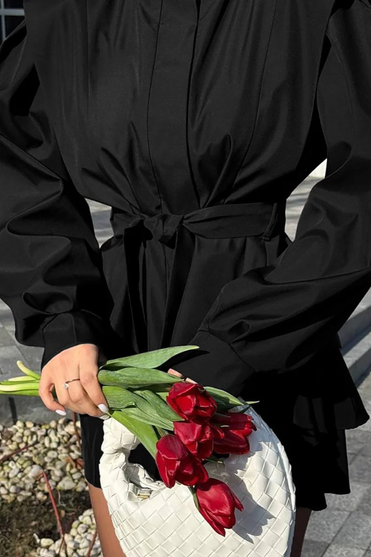 Tie-Waist Collared Long-Sleeve Loose Trench Coat - Image 7