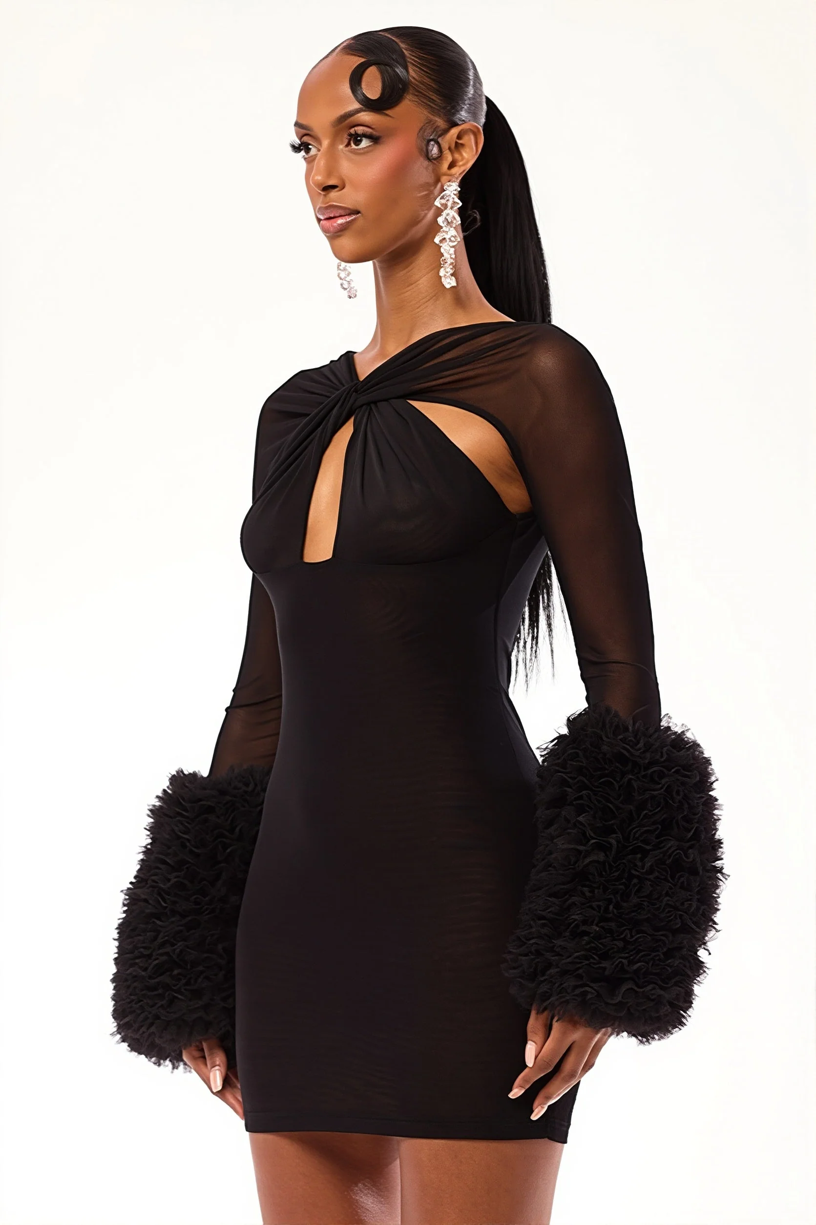 Tiered Sleeve Mesh Cutout Mini Dress - Image 5