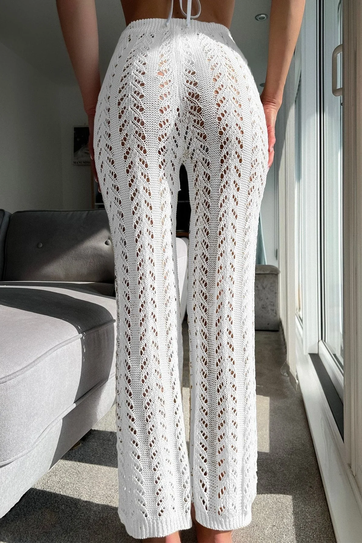 Vacation Knit Hollow Out Tie Flared Pants - Image 2