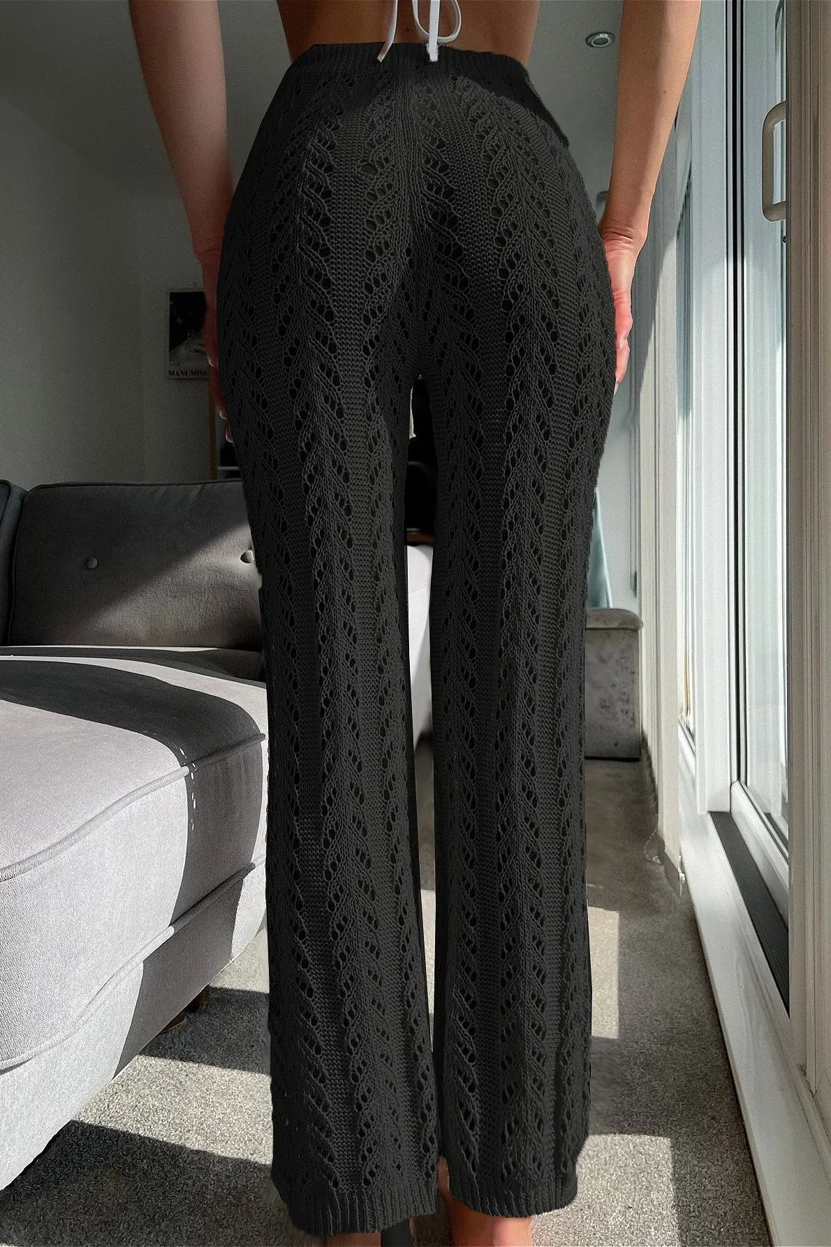 Vacation Knit Hollow Out Tie Flared Pants - Image 4
