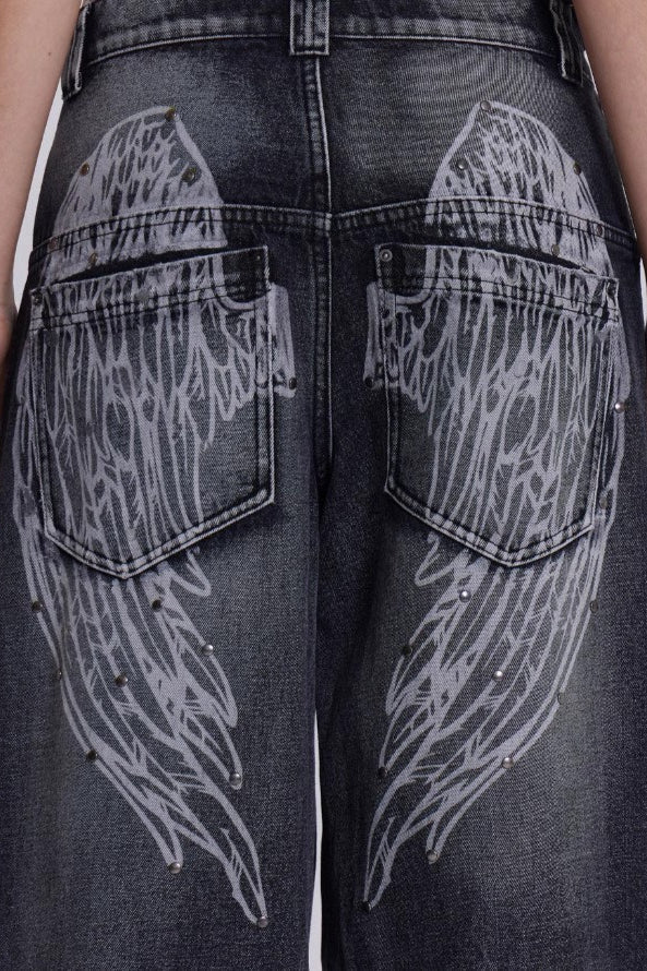 Vintage Faded Wing Print Baggy Jeans - Image 4