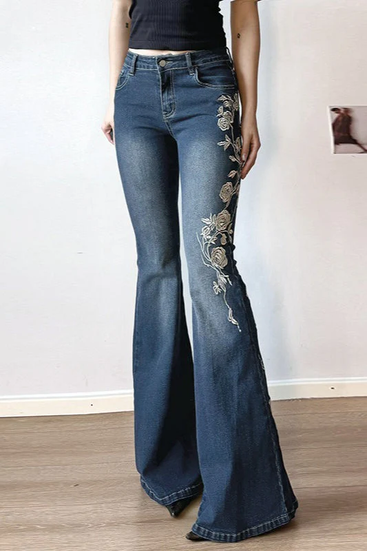 Vintage Gradient Rose Embroidery Bootcut Jeans - Image 2